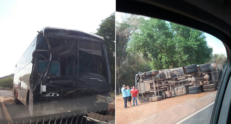 Carreta tomba na BR-343 depois de colidir com ônibus em Teresina